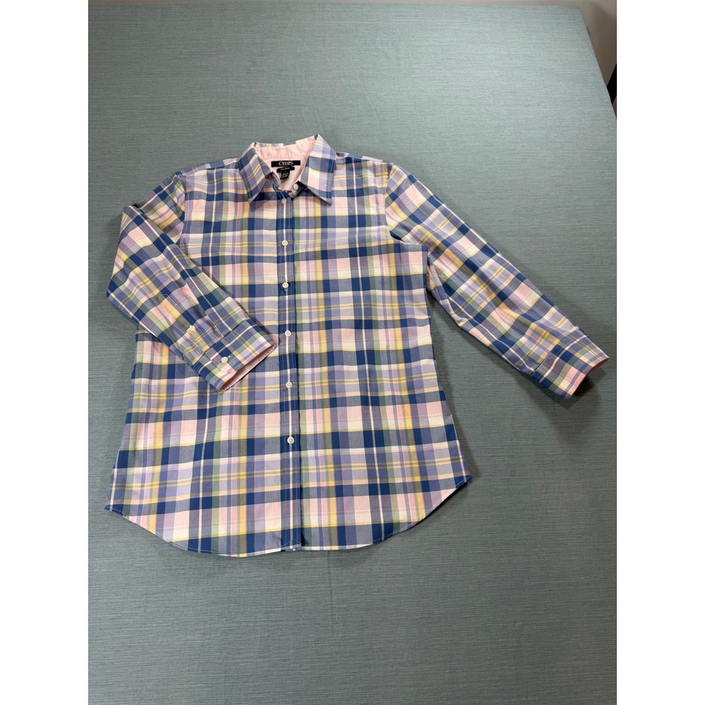 Chaps Button Down Shirt Womens Medium Blue Pink Plaid Excellent No Iron Long Slv